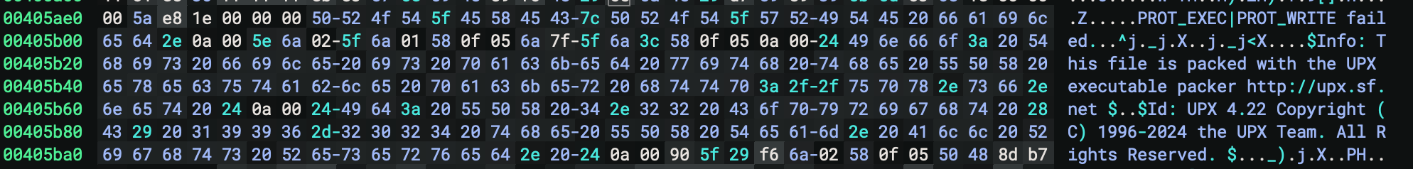 UPX packing header identified in hex dump