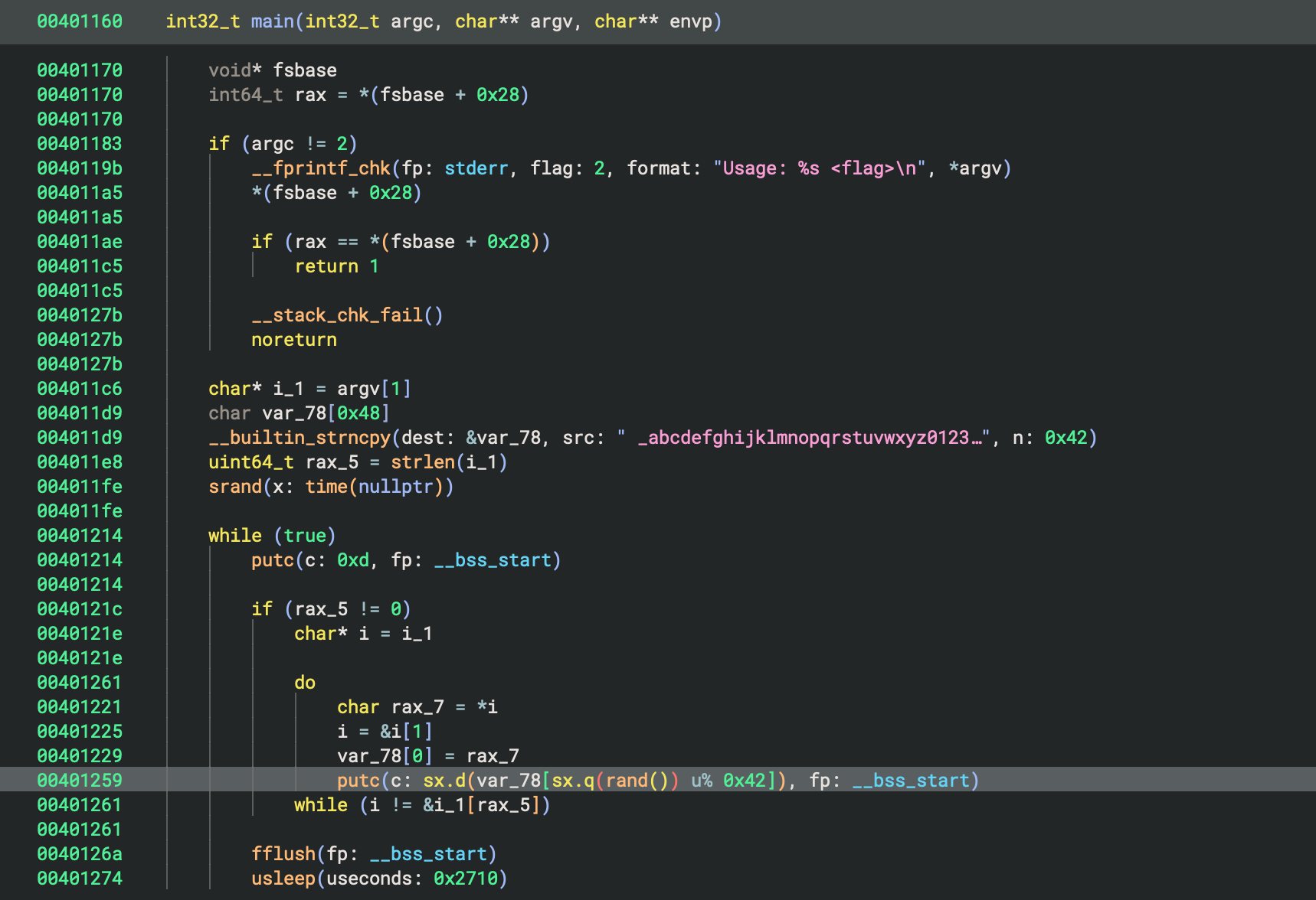 Decompiled C pseudocode showing srand and rand logic