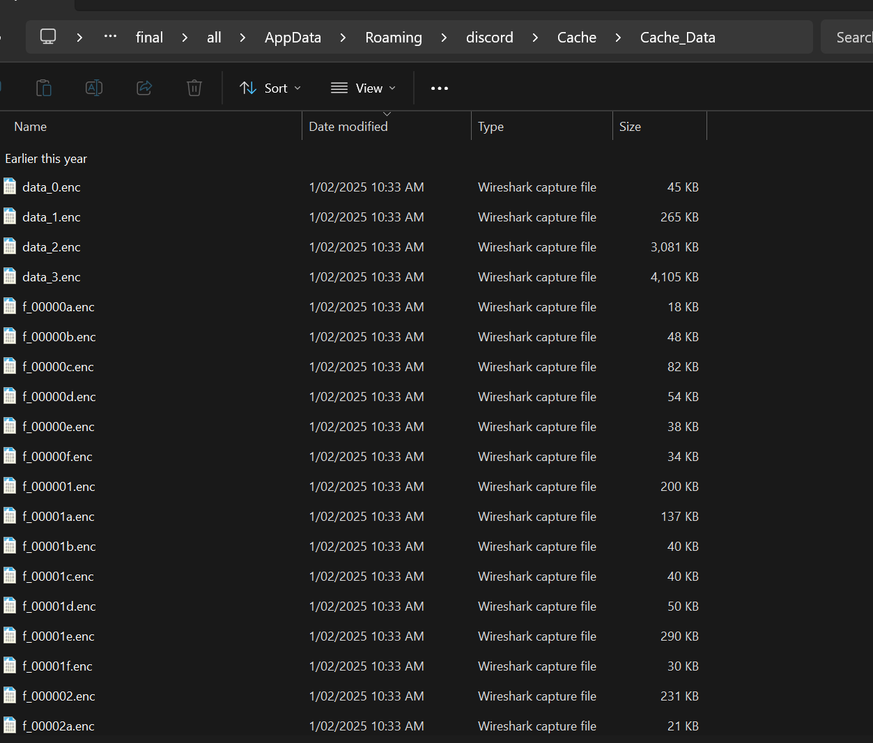 Discord cache directory containing .enc files