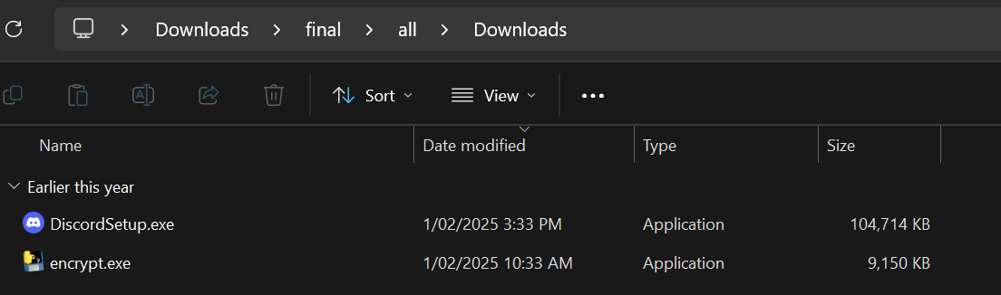 Downloads directory showing DiscordSetup and encryptor tool