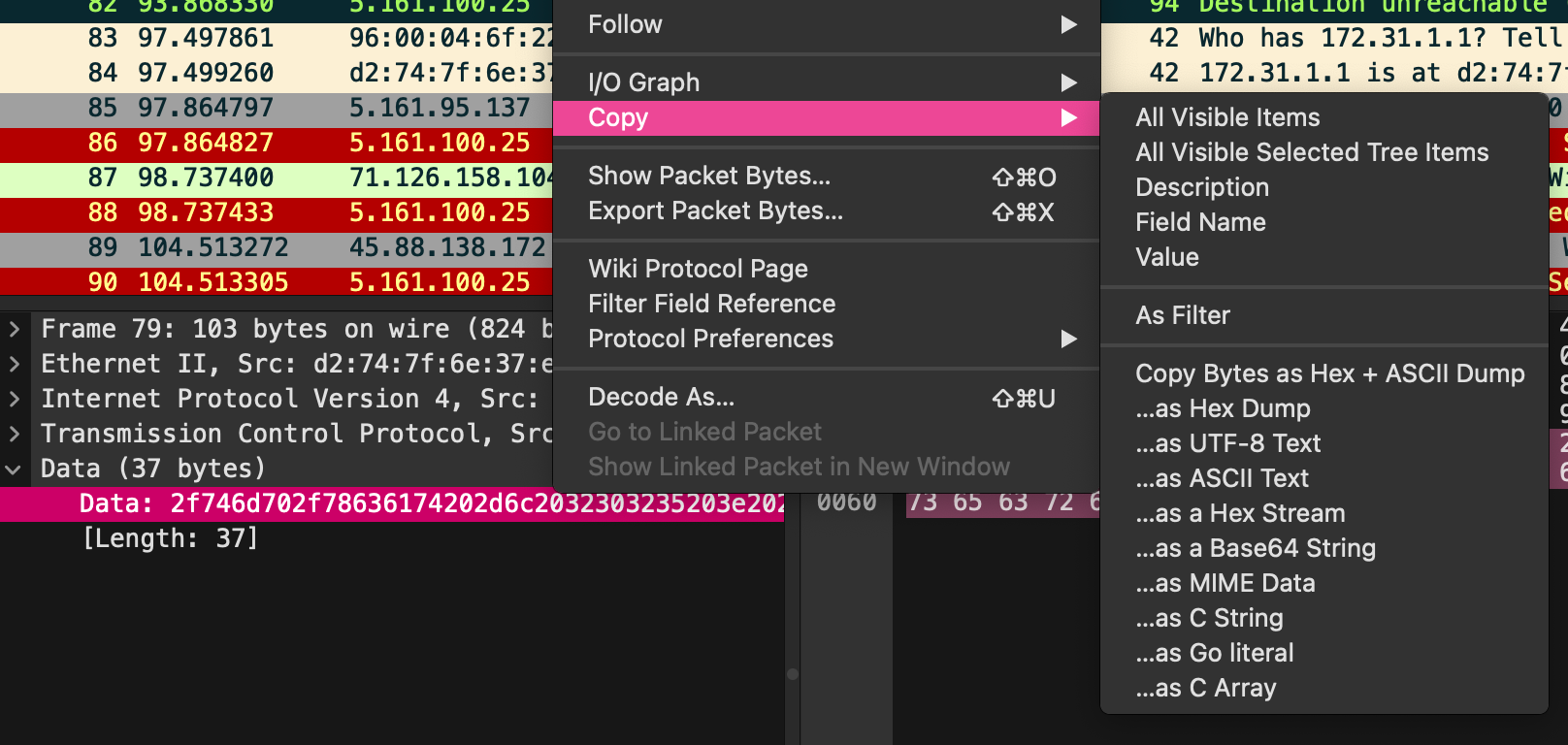 Wireshark showing TCP PSH packets delivering ELF binary